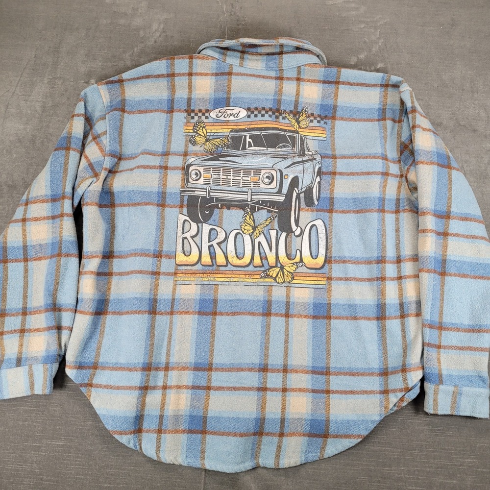 Ford Bronco Plaid Flannel Shirt Jacket Women's XXL Blue Brown Graphic Print